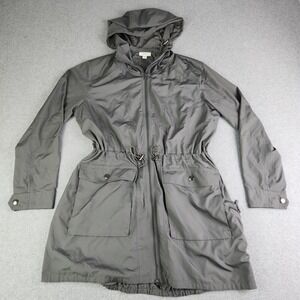 J.Jill Fit Parka Jacket Womens S Petite Gray Utility Cinched Waist Hooded Zip Up